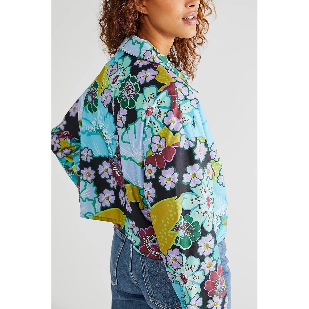 BALOU‎ Women's Cropped Organic Shirt Floral Print Button Up Long Sleeve- Size S